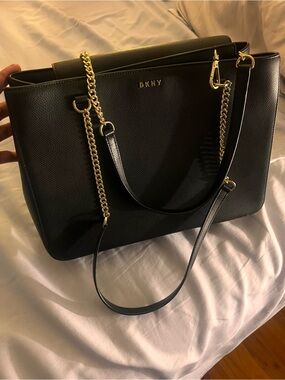 DKNY Black Leather Tote with Gold Chain Accents